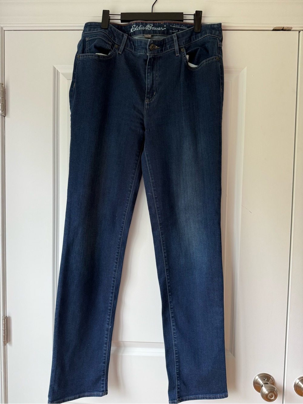 Eddie Bauer Women's Indigo Slightly Curvy, Slim Straight Jeans, 16 Tall